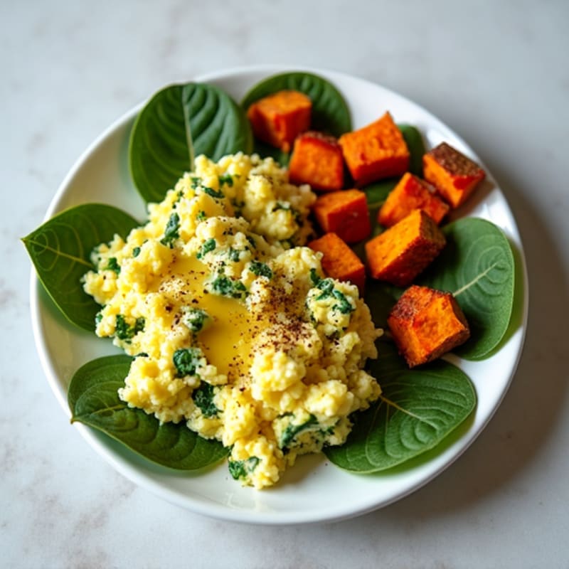 Egg White and Spinach Scramble with Roasted Sweet Potatoes