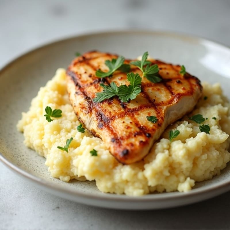 Cauliflower-Potato Mash with Roasted Garlic and Grilled Chicken