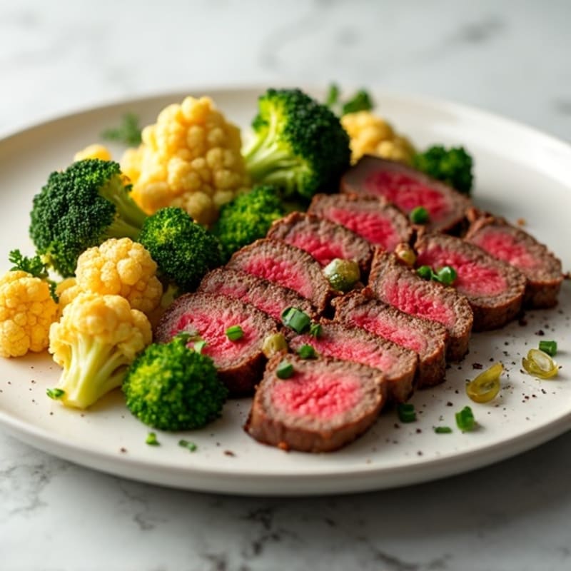 Seared Lean Beef Strips with Roasted Broccoli and Cauliflower