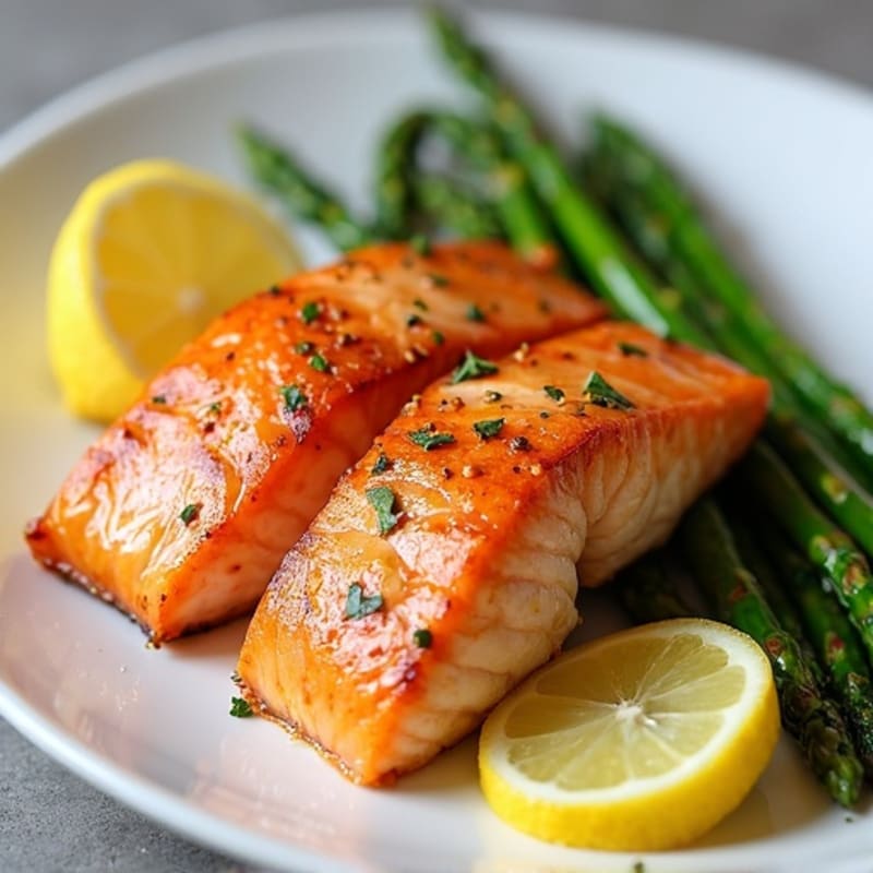 Seared Salmon Fillet with Roasted Asparagus and Lemon