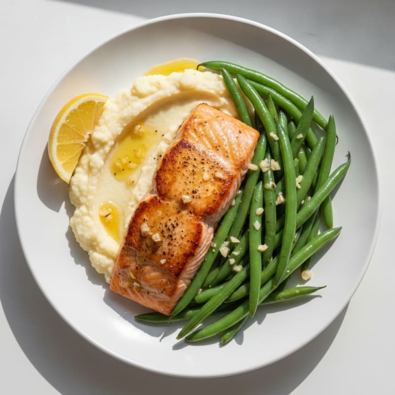 Seared Salmon with Steamed Green Beans and Garlic Mashed Cauliflower