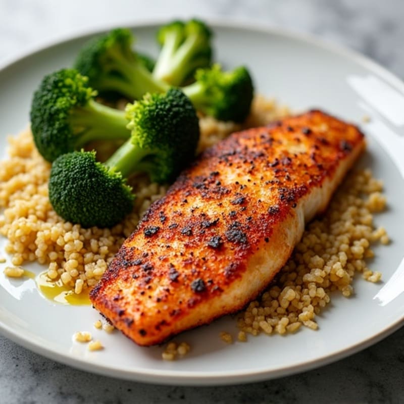 Spicy Crispy Blackened Catfish with Roasted Broccoli and Quinoa