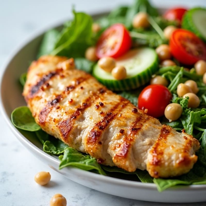 Grilled Chicken Breast Salad with Mixed Greens and Chickpeas