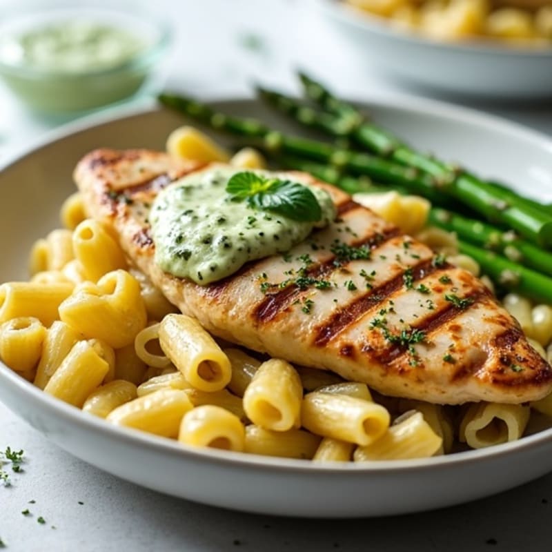 Creamy Pesto Chicken Pasta with Roasted Asparagus