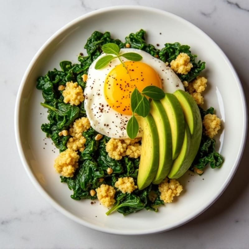 Egg White Spinach Scramble with Tempeh Crumbles and Avocado