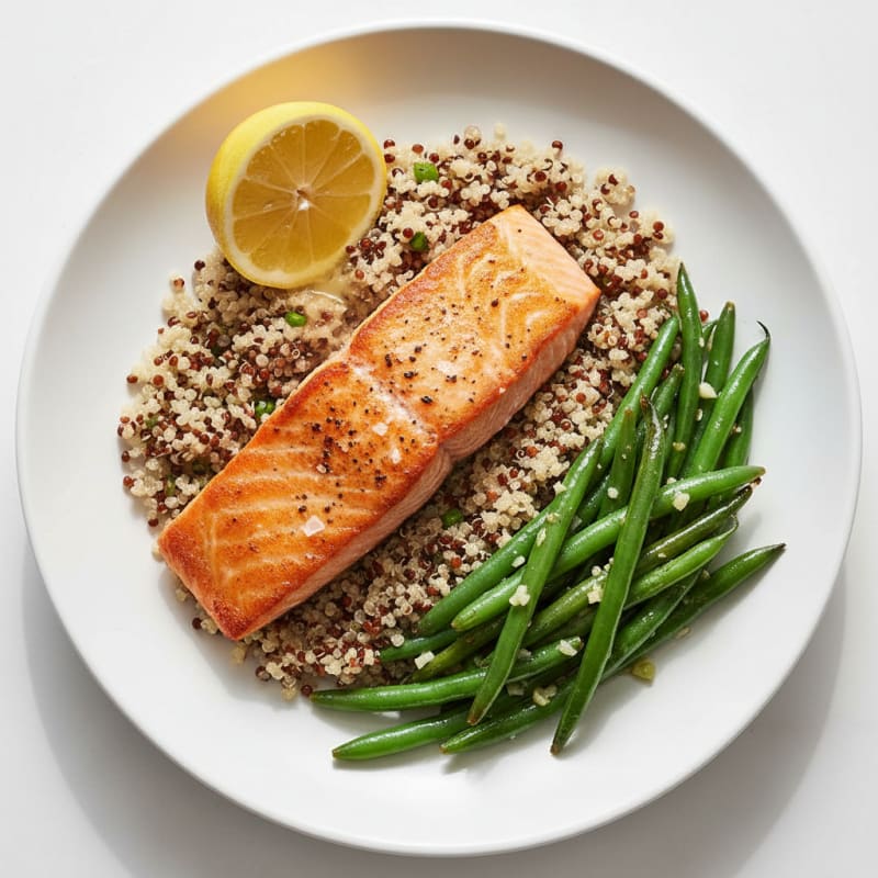 Seared Salmon Filet with Quinoa and Garlic Green Beans