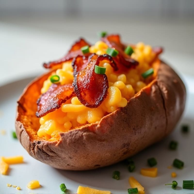 Baked Sweet Potato with Crispy Turkey Bacon, Sharp Cheddar, and Fresh Chives