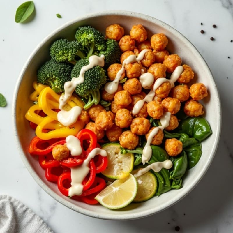 Crispy Chickpea and Roasted Vegetable Bowl with Lemon Tahini Drizzle