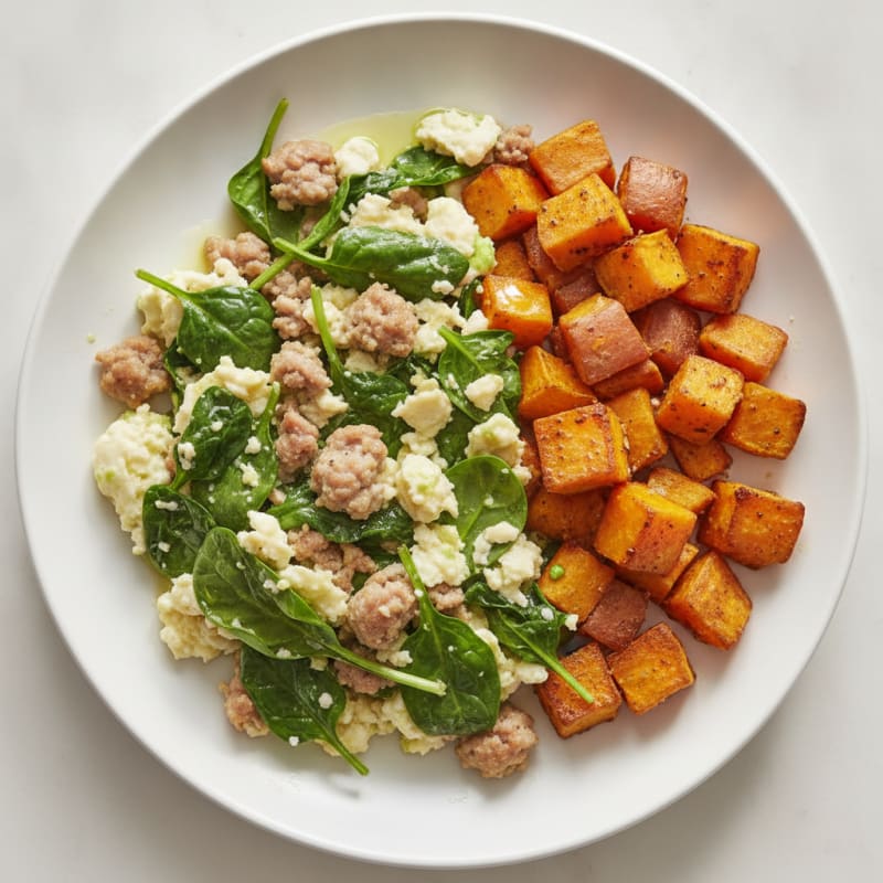 Egg White and Turkey Sausage Scramble with Spinach and Roasted Sweet Potatoes