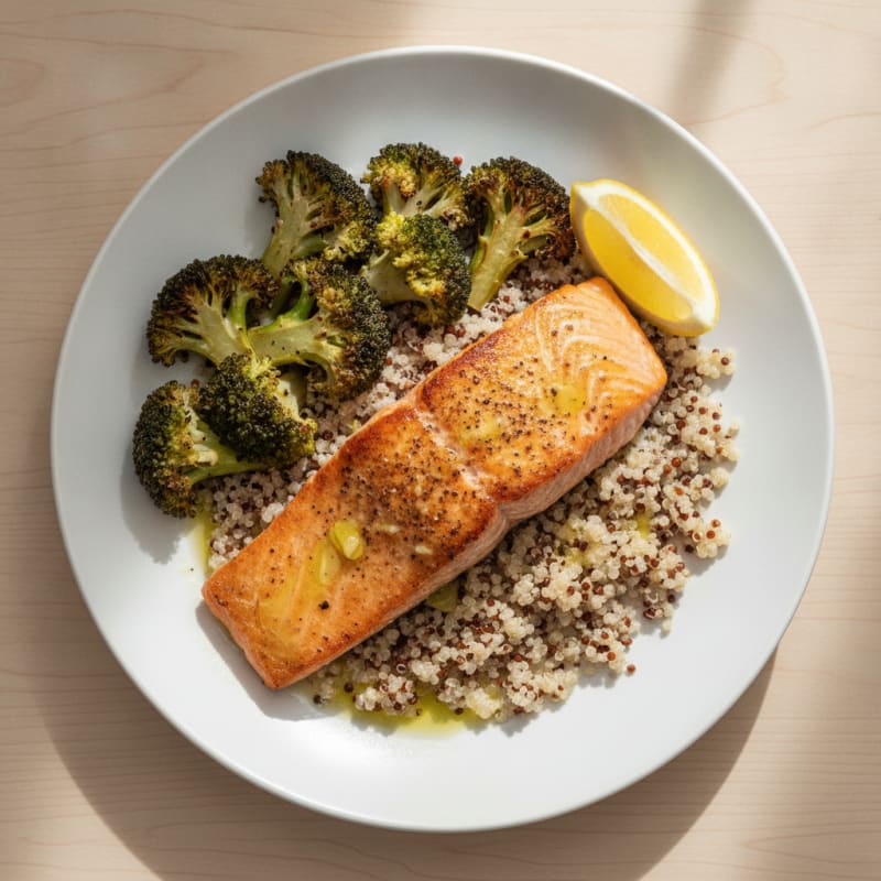 Seared Salmon Fillet with Roasted Broccoli and Quinoa
