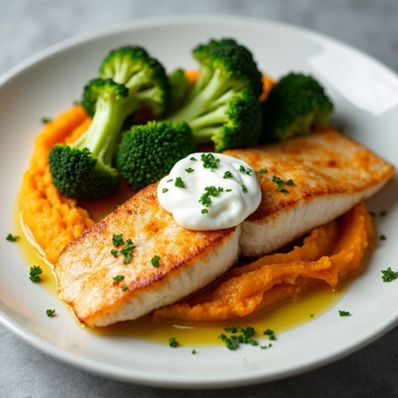 Pan-Seared Fish with Roasted Broccoli and Sweet Potato Mash