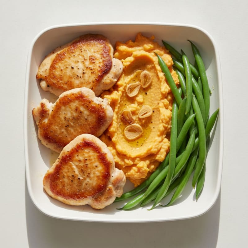 Seared Chicken Thighs with Steamed Green Beans and Sweet Potato Mash
