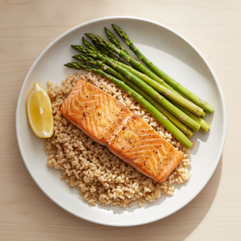 Seared Salmon with Steamed Asparagus and Brown Rice