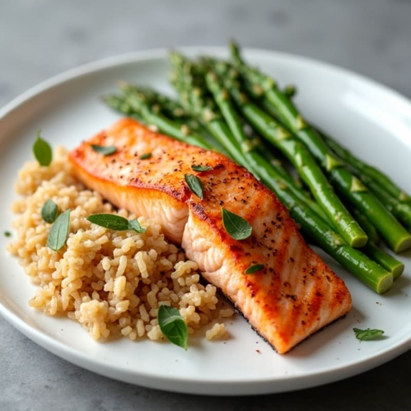 Seared Salmon with Steamed Asparagus and Brown Rice