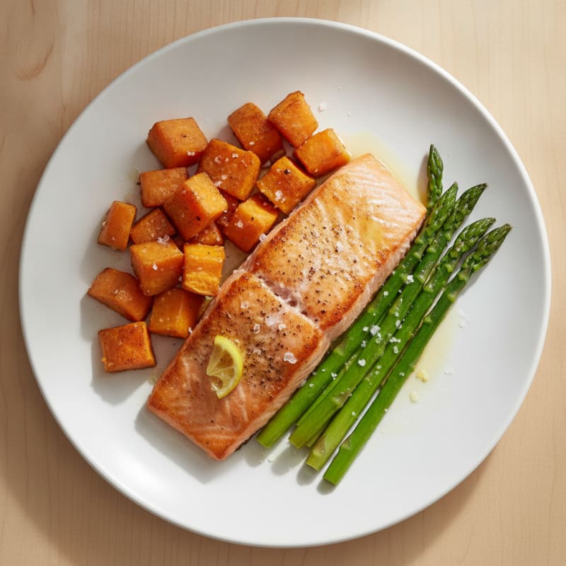 Seared Salmon with Roasted Sweet Potato and Asparagus