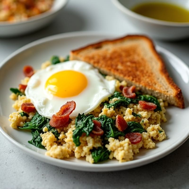Egg and Turkey Bacon Scramble with Spinach and Cottage Cheese