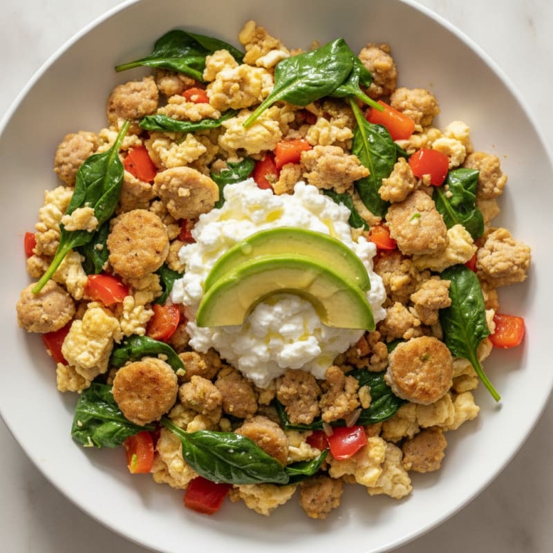 Egg White and Turkey Sausage Scramble with Cottage Cheese