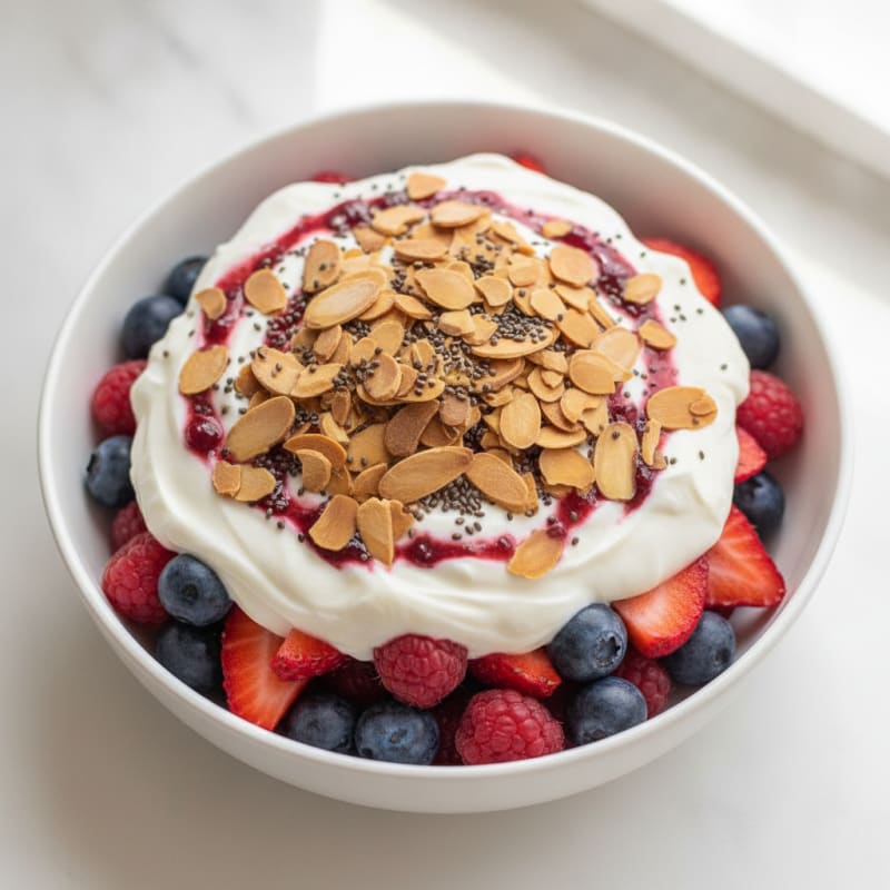 Greek Yogurt Protein Parfait with Mixed Berries and Almonds