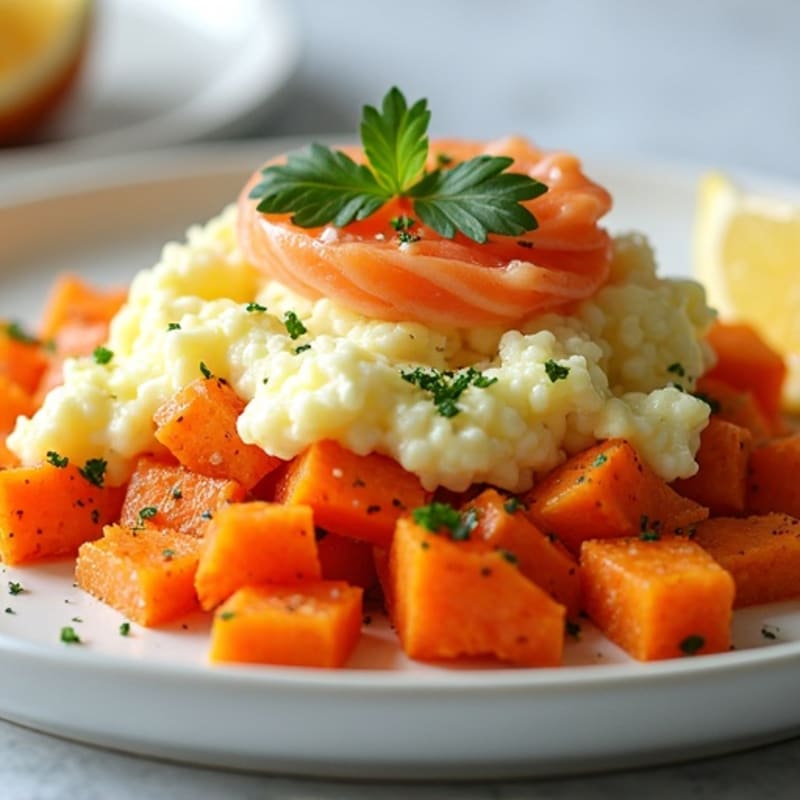Egg White and Smoked Salmon Scramble with Sweet Potato Hash
