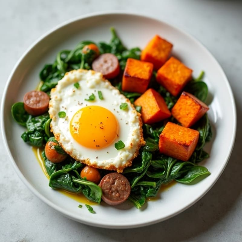 Egg White and Turkey Sausage Scramble with Spinach and Roasted Sweet Potato