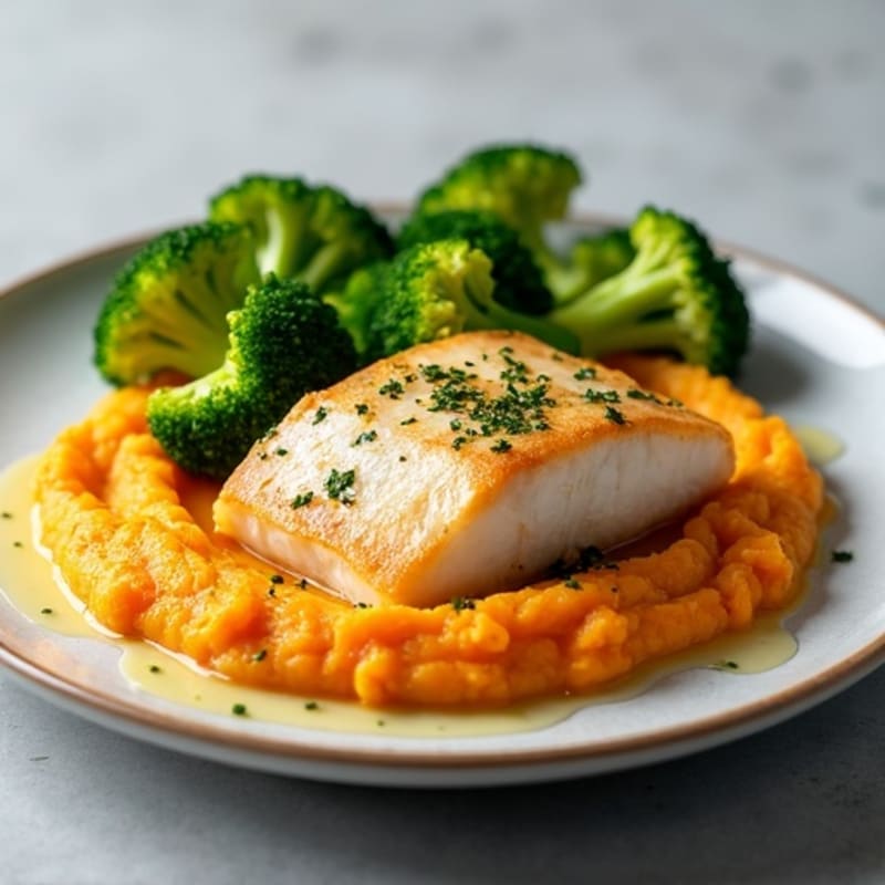 Baked Cod with Steamed Broccoli and Sweet Potato Mash