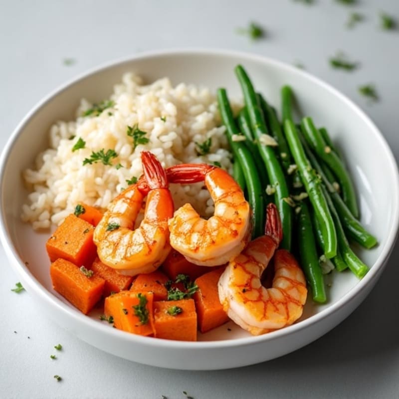 Garlic Shrimp with Roasted Sweet Potatoes and Sautéed Green Beans with Jasmine Rice