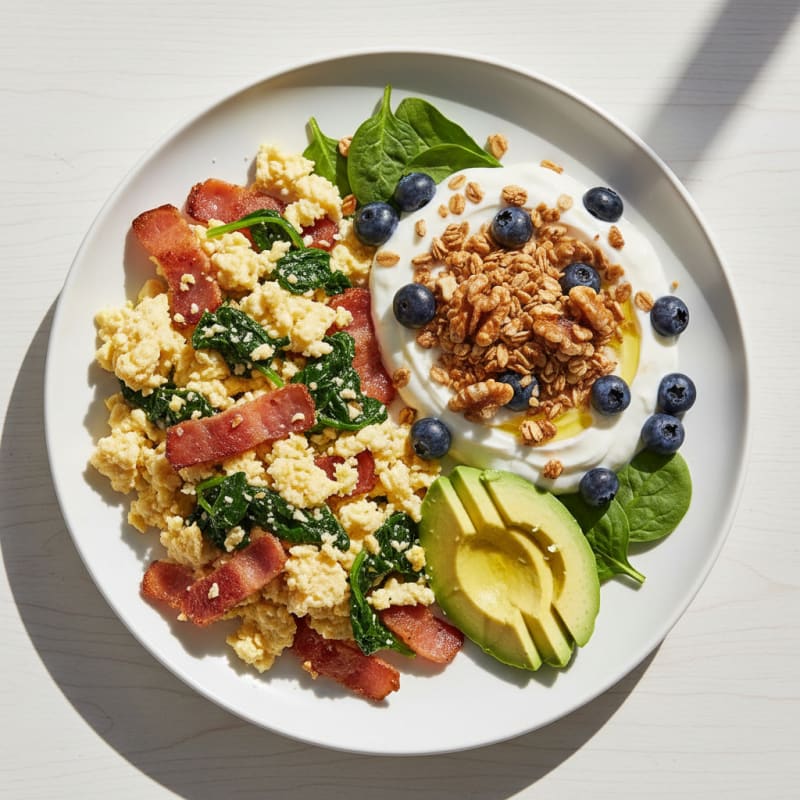 Crispy Turkey Bacon and Egg White Scramble with Greek Yogurt Parfait