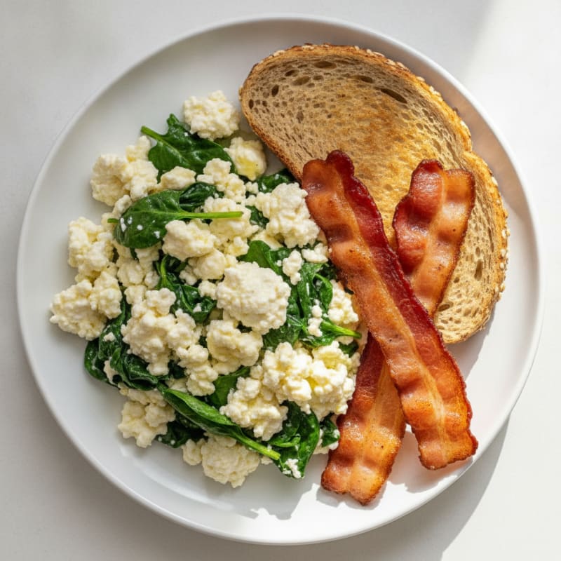 Cottage Cheese Scramble with Spinach and Turkey Bacon