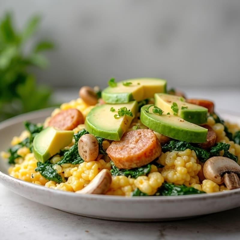 Egg White and Turkey Sausage Scramble with Spinach and Mushrooms