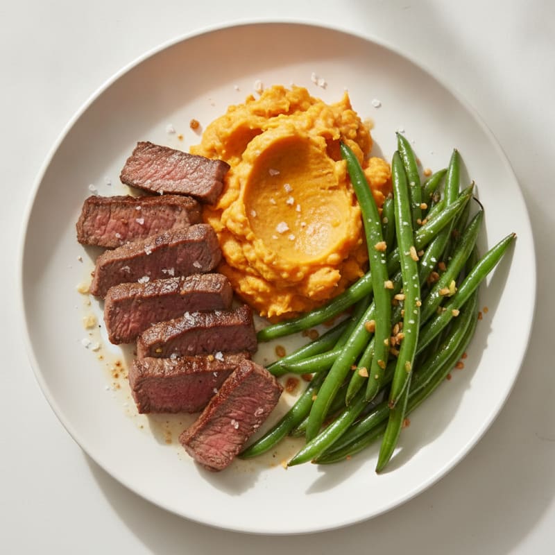 Seared Beef Strips with Garlic Green Beans and Sweet Potato Mash