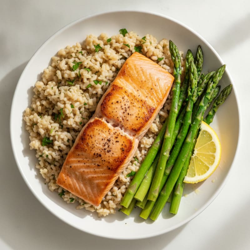 Seared Salmon with Steamed Asparagus and Herbed Rice