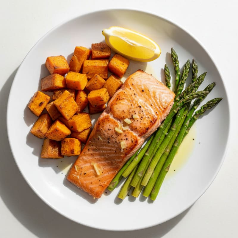 Seared Salmon Fillet with Roasted Sweet Potatoes and Asparagus