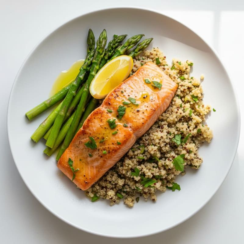 Seared Salmon with Steamed Asparagus and Herb Quinoa