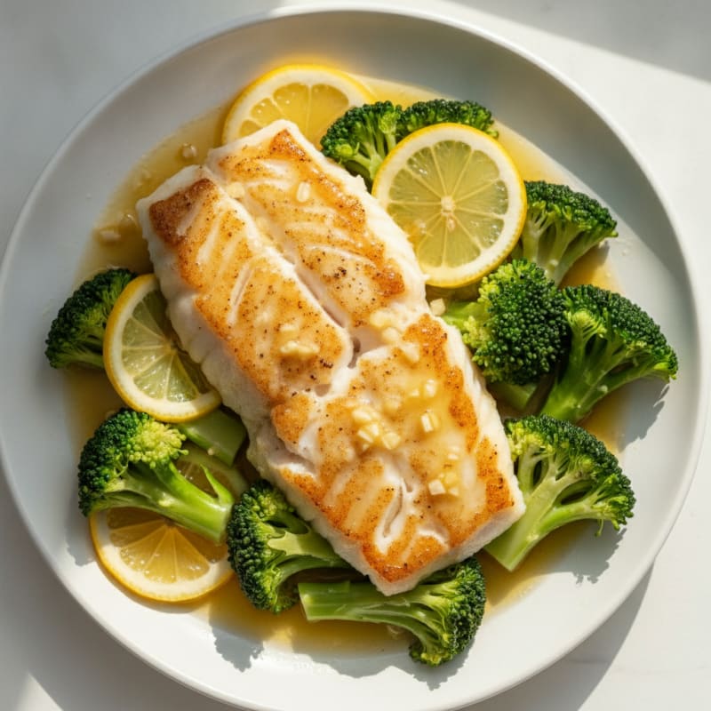 Seared Cod Filet with Steamed Broccoli and Lemon