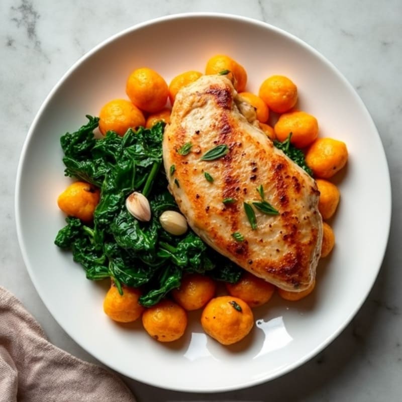 Sweet Potato Gnocchi with Pan-Seared Chicken and Sautéed Spinach
