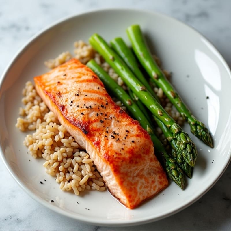 Seared Salmon with Steamed Asparagus and Brown Rice