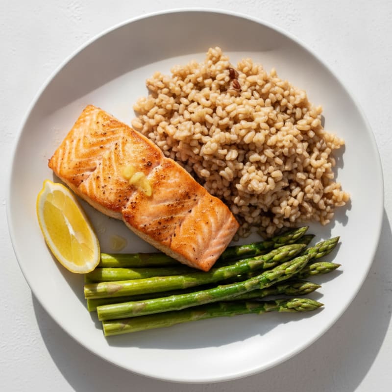 Seared Salmon Fillet with Steamed Asparagus and Brown Rice