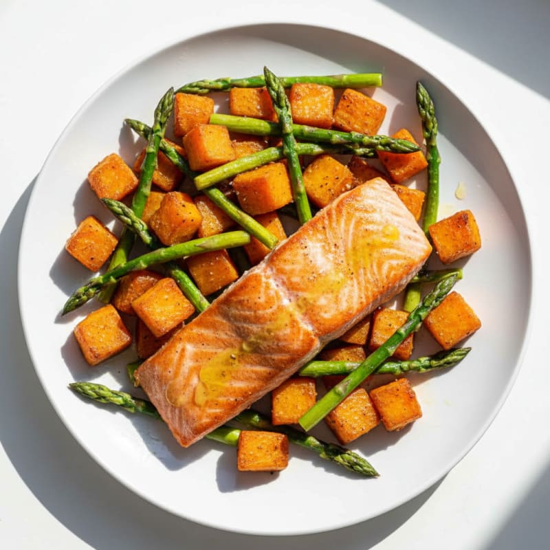 Seared Salmon with Roasted Sweet Potatoes and Asparagus