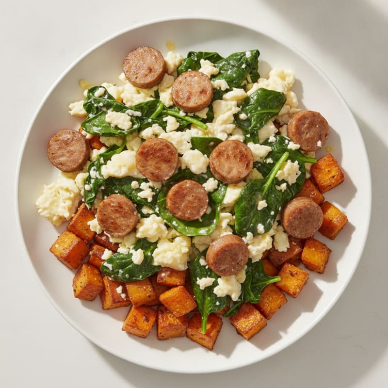 Egg White and Turkey Sausage Scramble with Spinach and Roasted Sweet Potato