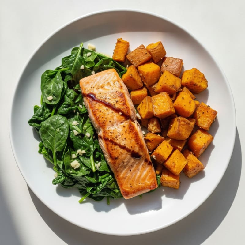 Seared Salmon with Garlic Spinach and Roasted Sweet Potatoes