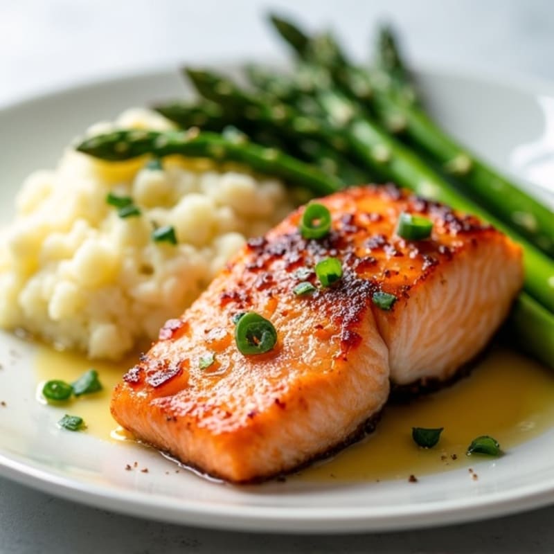 Seared Salmon with Steamed Asparagus and Garlic Mashed Cauliflower