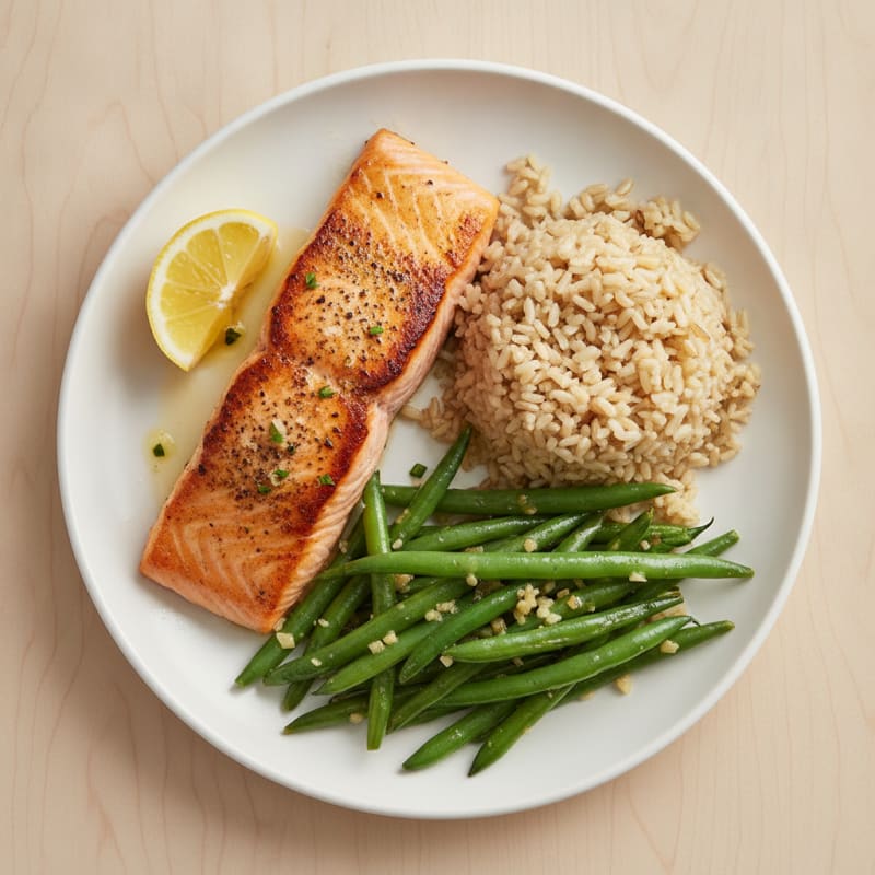 Seared Salmon with Garlic Green Beans and Brown Rice
