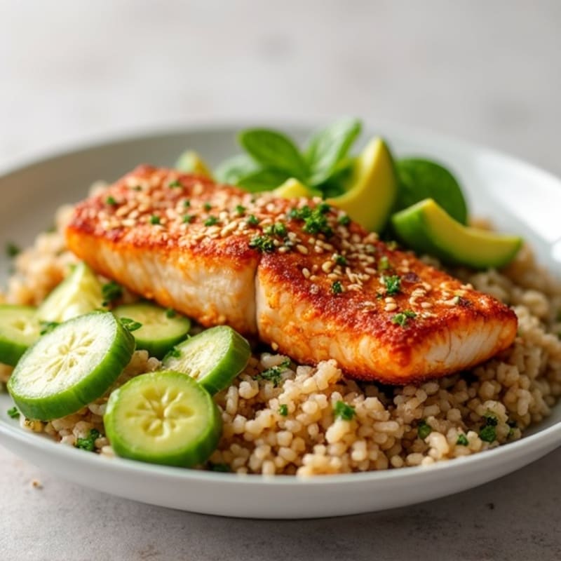 Crispy Sesame Salmon with Brown Rice and Fresh Avocado Cucumber