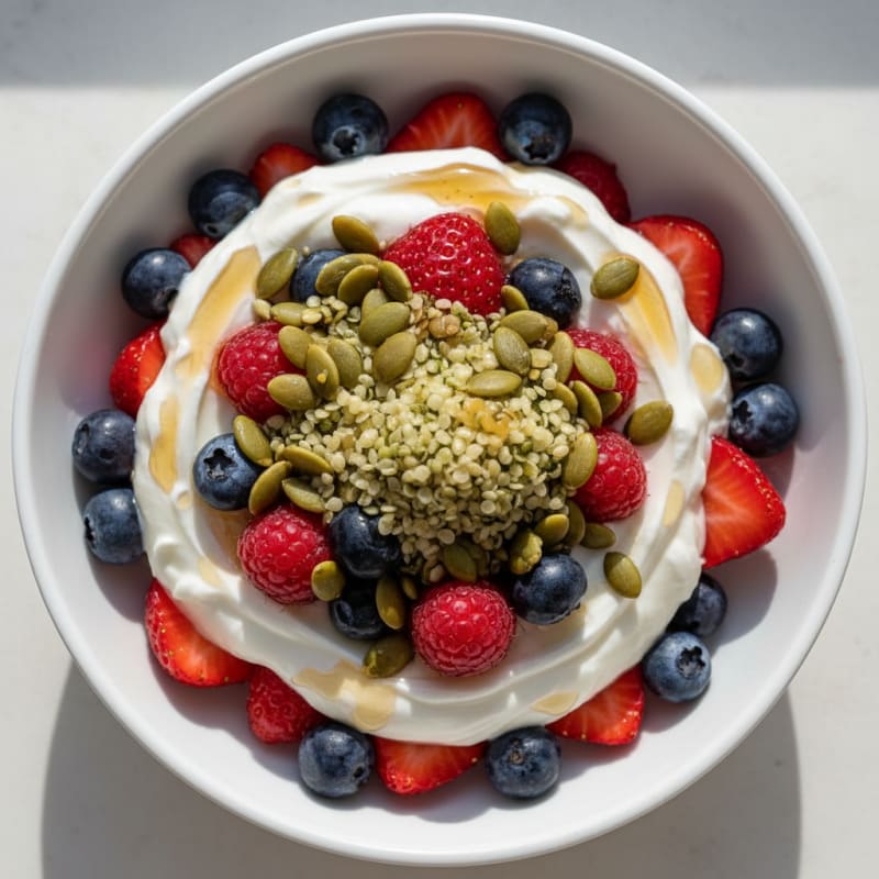 Creamy Greek Yogurt Parfait with Mixed Berries and Pumpkin Seed Crunch