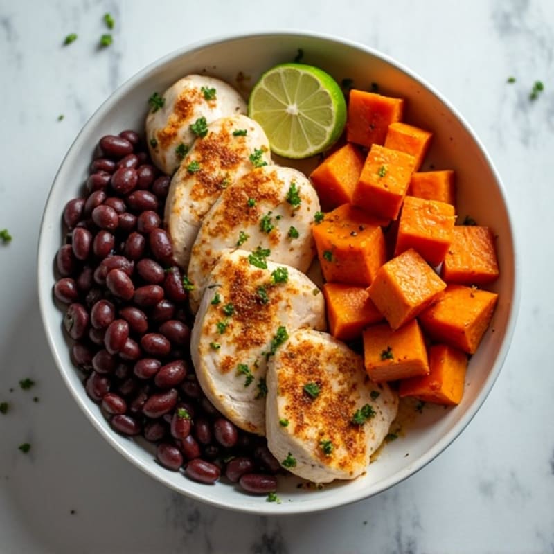 Spiced Chicken and Roasted Sweet Potato Bowl with Black Beans