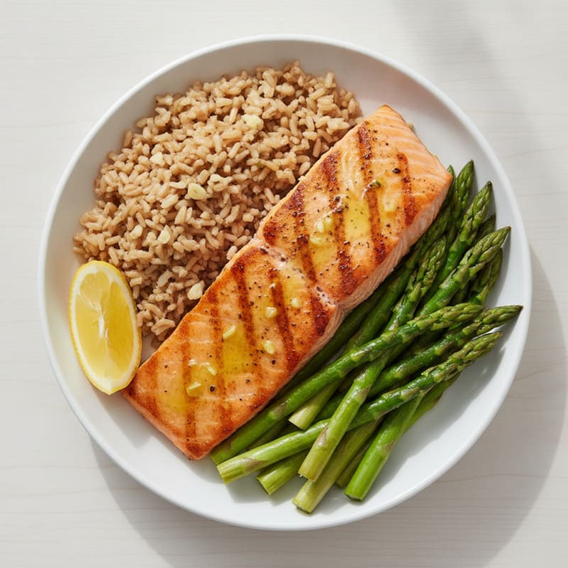 Seared Salmon with Steamed Asparagus and Brown Rice