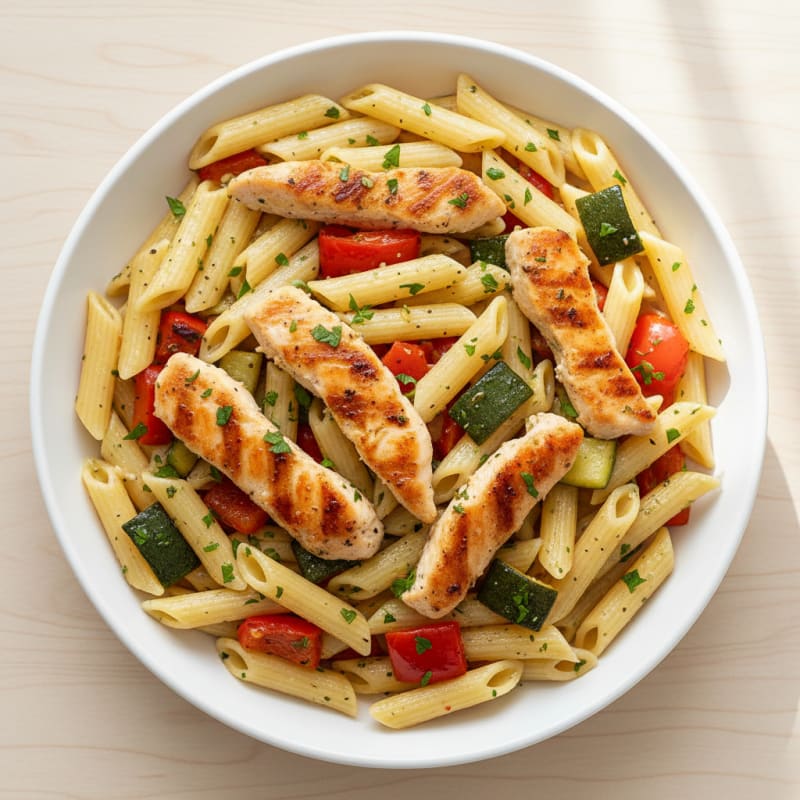 Roasted Vegetable Chickpea Penne with Herb-Grilled Chicken