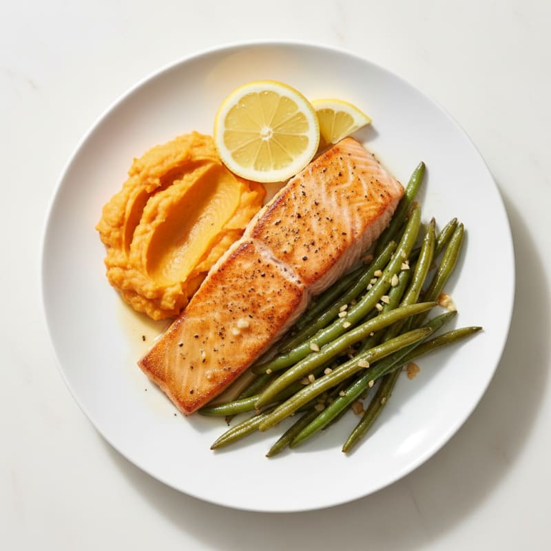 Seared Salmon with Garlic Green Beans and Sweet Potato Mash
