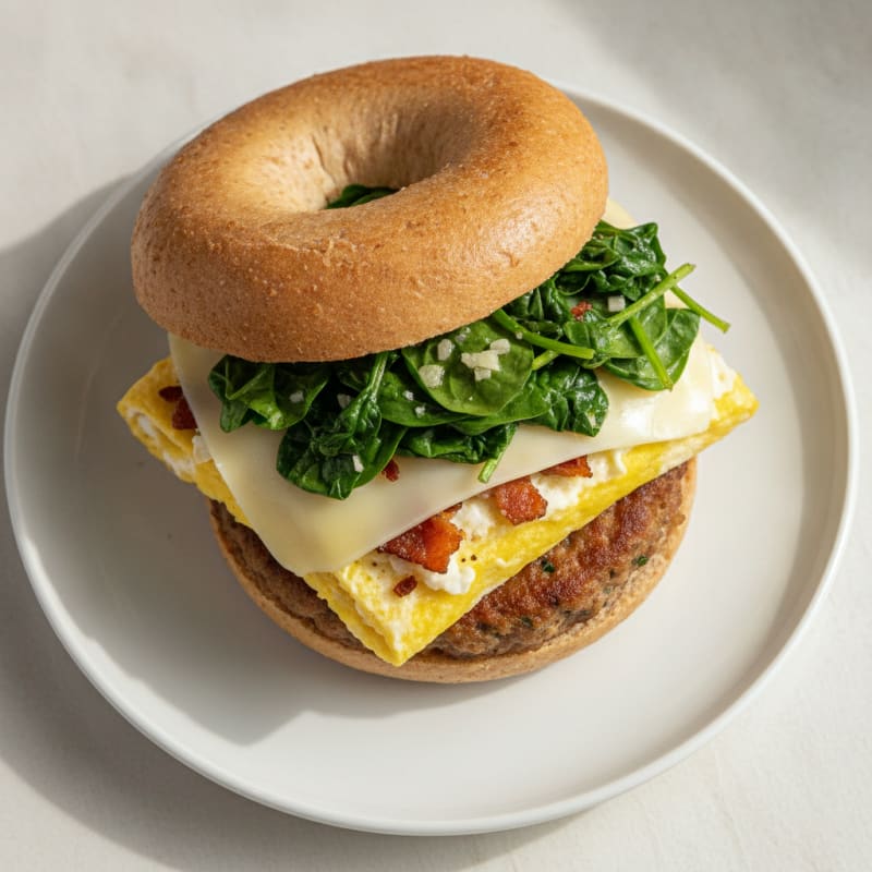 Egg and Turkey Sausage Bagel Sandwich with Sautéed Spinach
