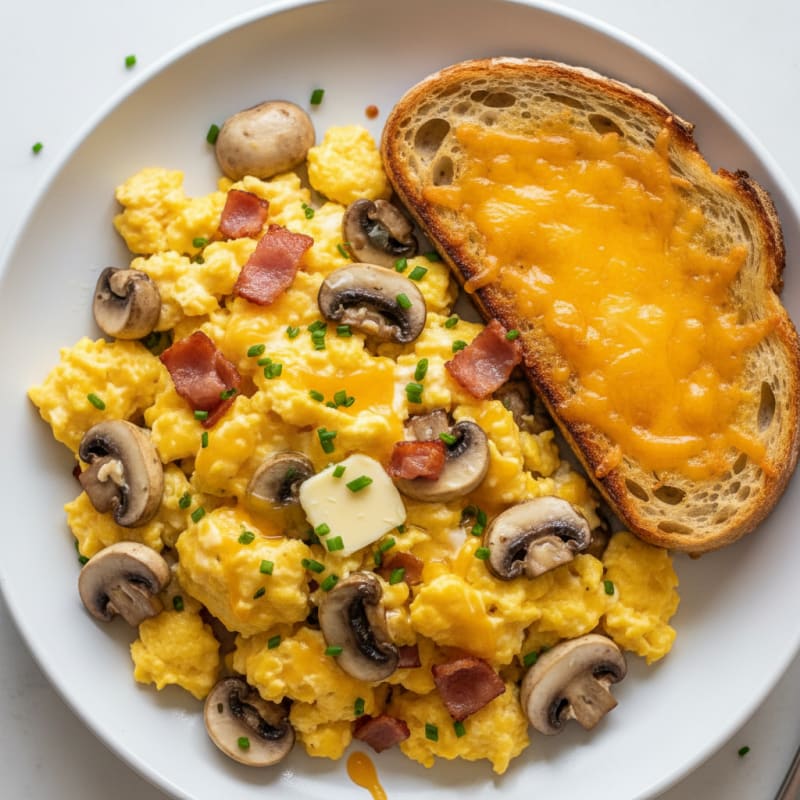 Egg and Mushroom Scramble with Toasted Cheese Sourdough